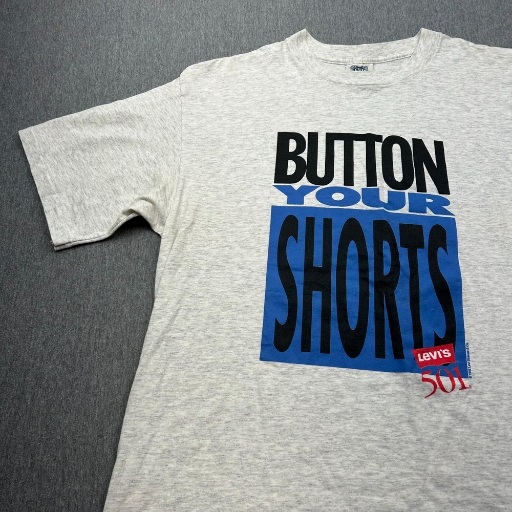 Levi's Button Your Shorts Short Sleeve Single Stitch Tshirt Unisex XL Gray USA